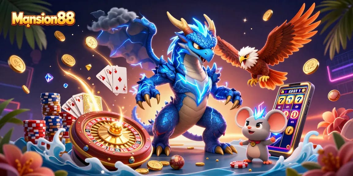 Mansion88 offers an electrifying gaming experience with vibrant characters and thrilling casino action including roulette and card games.