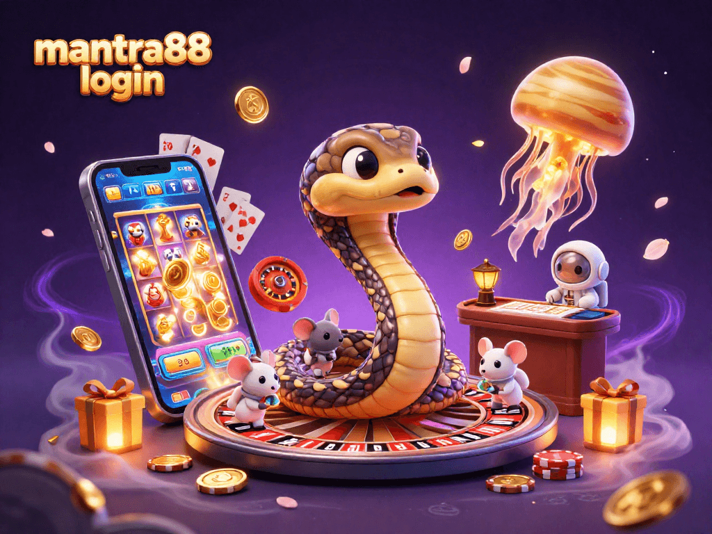 Experience mantra88 login in this vibrant 3D casino scene with dynamic characters and game elements.