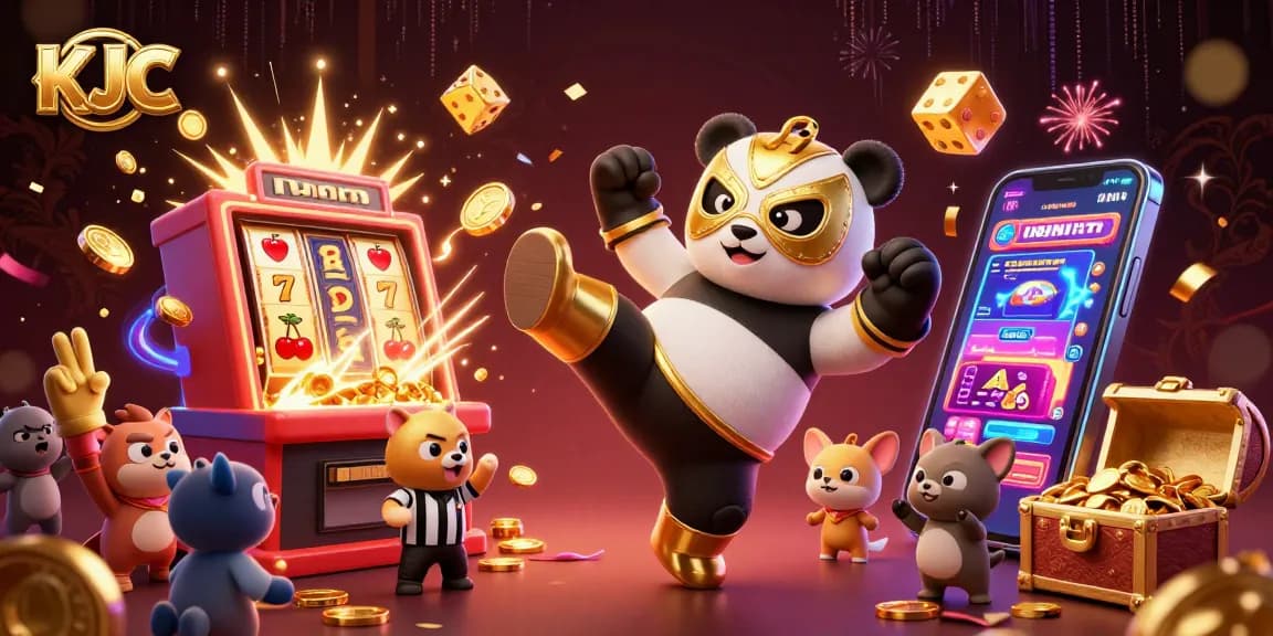 KJC casino-themed illustration featuring a panda wrestler and chihuahua referee amongst vibrant gaming elements