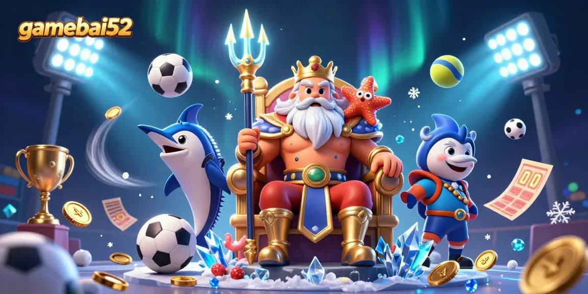 Experience the thrill of gaming at gamebai52 with a dynamic depiction of Neptune and sports elements.