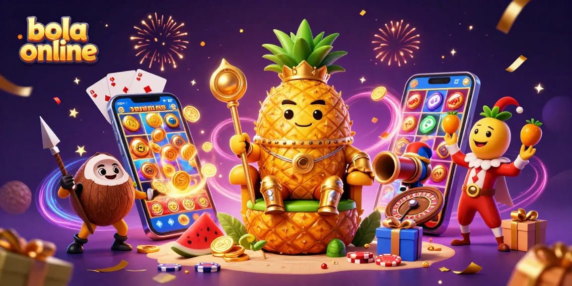Bola online betting scene with a lively golden pineapple king, tropical characters, and vibrant gaming elements.
