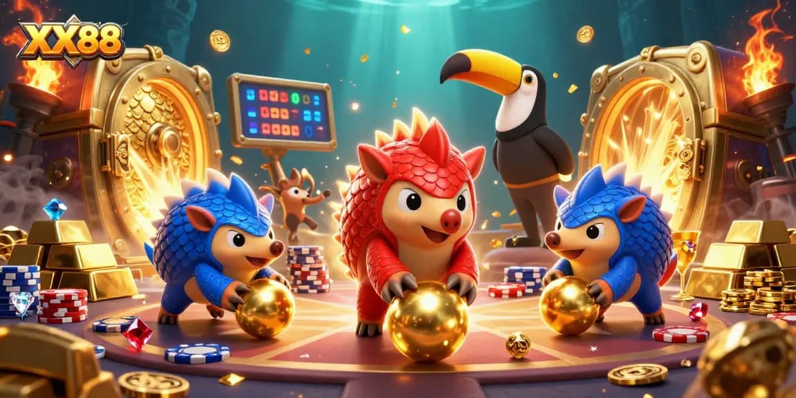 Experience thrilling gameplay at XX88 with vibrant pangolins and poker chips amid treasure.