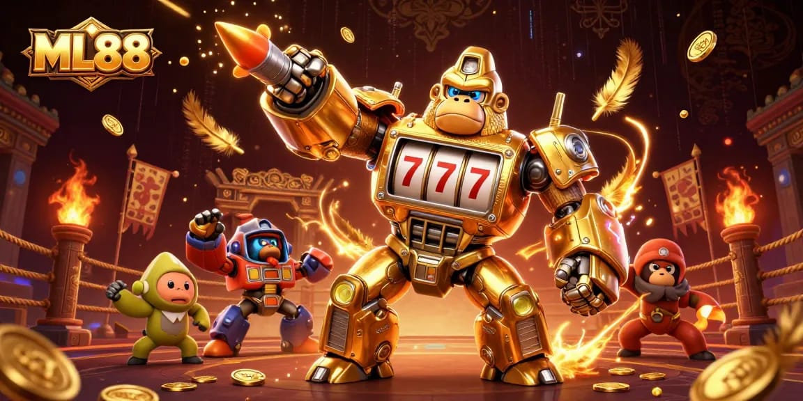 Experience the thrill of ML88 with a dynamic gorilla mech surrounded by casino elements and action.