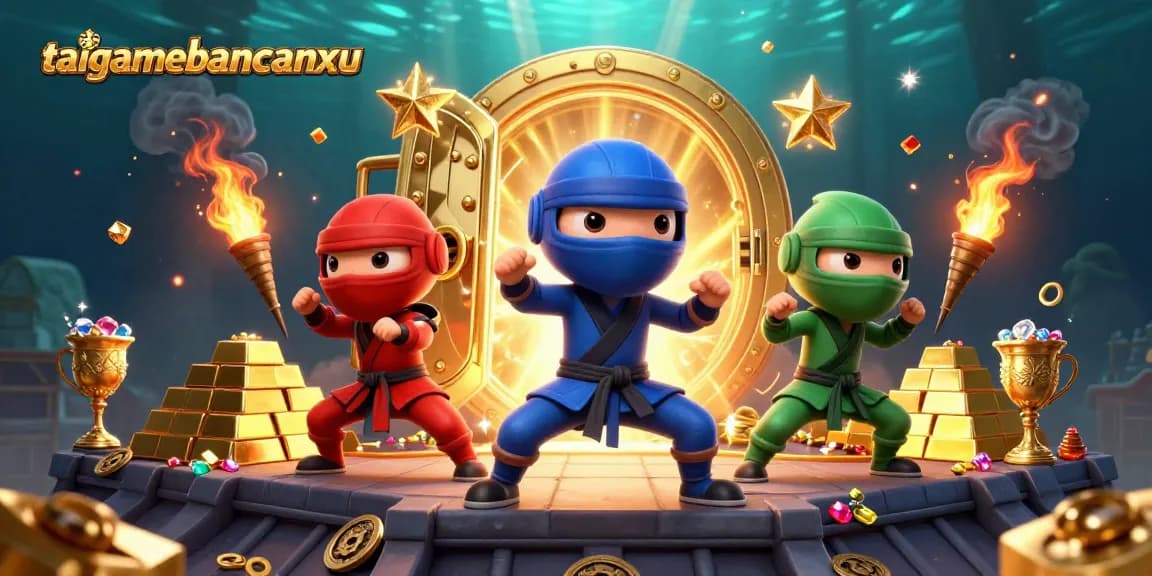 Engage with taigamebancaanxu through a vibrant illustration showcasing chameleon ninjas amid golden treasures.