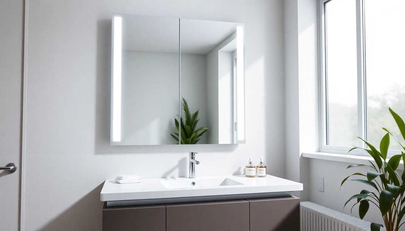Helle badezimmer spiegelschränke beleuchtung in einem modernen Badezimmer mit eleganten Details.