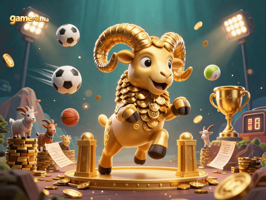 Experience thrilling action with game-la-ma's dynamic sports scene featuring a golden ram and sports elements.
