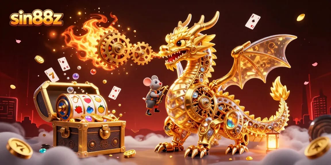 Experience innovative slots and prizes at sin88z with a stunning golden dragon illustration.