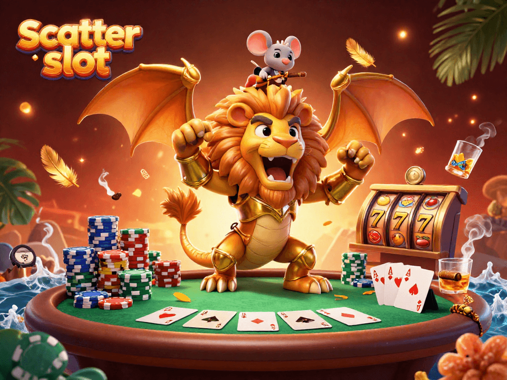 Engage with scatter slot action in a vibrant casino scene showcasing a chimera winning triumphantly.