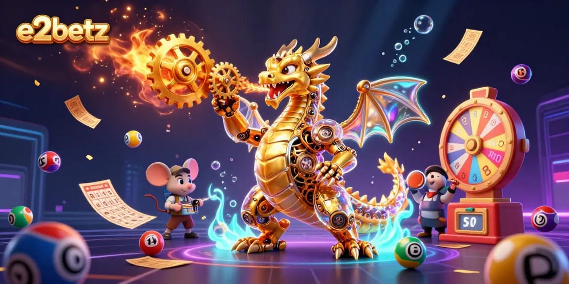 Experience e2betz excitement with a vibrant 3D illustration of a gold biomechanical dragon and dynamic casino elements.