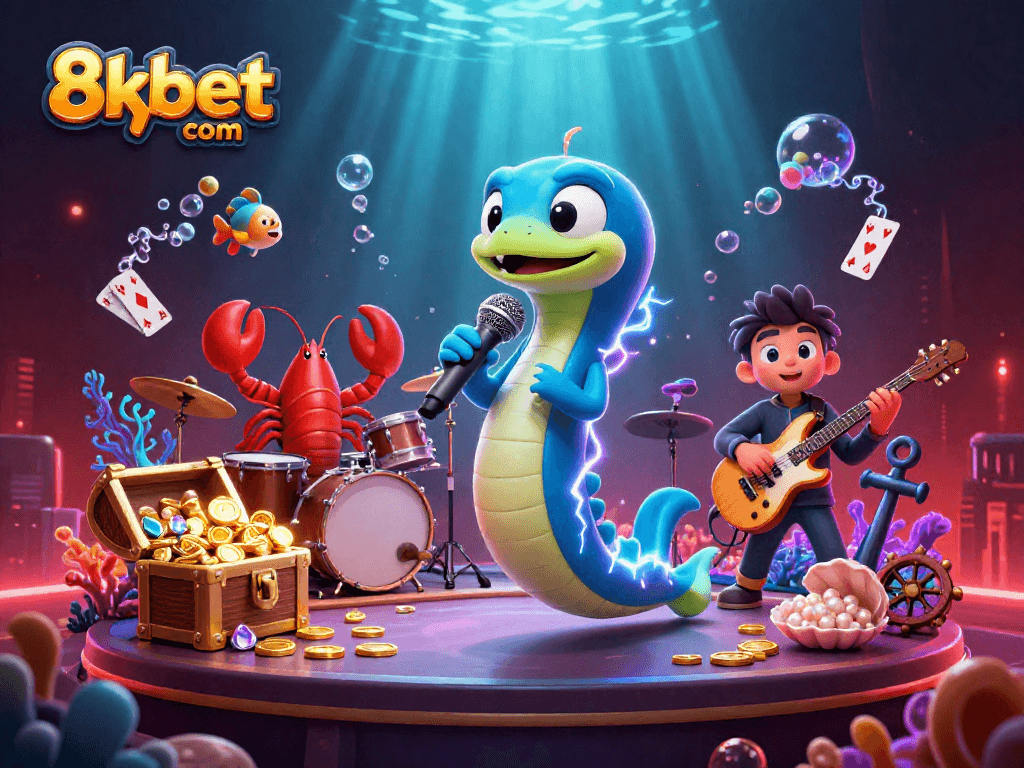 Experience thrilling action at 8xbet com with a magical underwater casino scene illustrating vibrant characters and treasures.