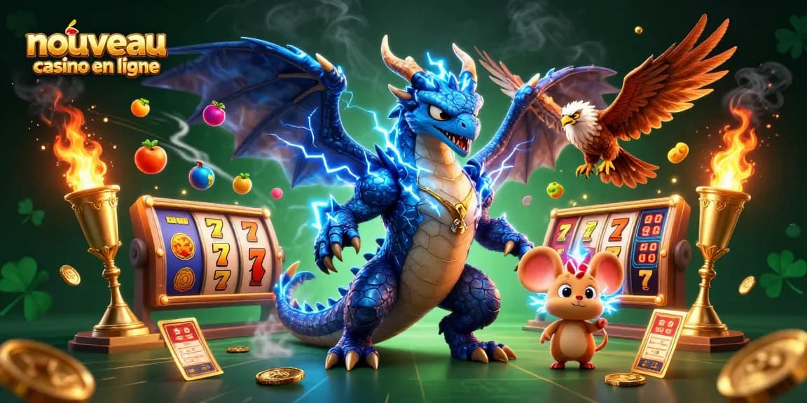 Illustration d'un nouveau casino en ligne avec un dragon, un faucon, et des éléments de jeu dynamiques