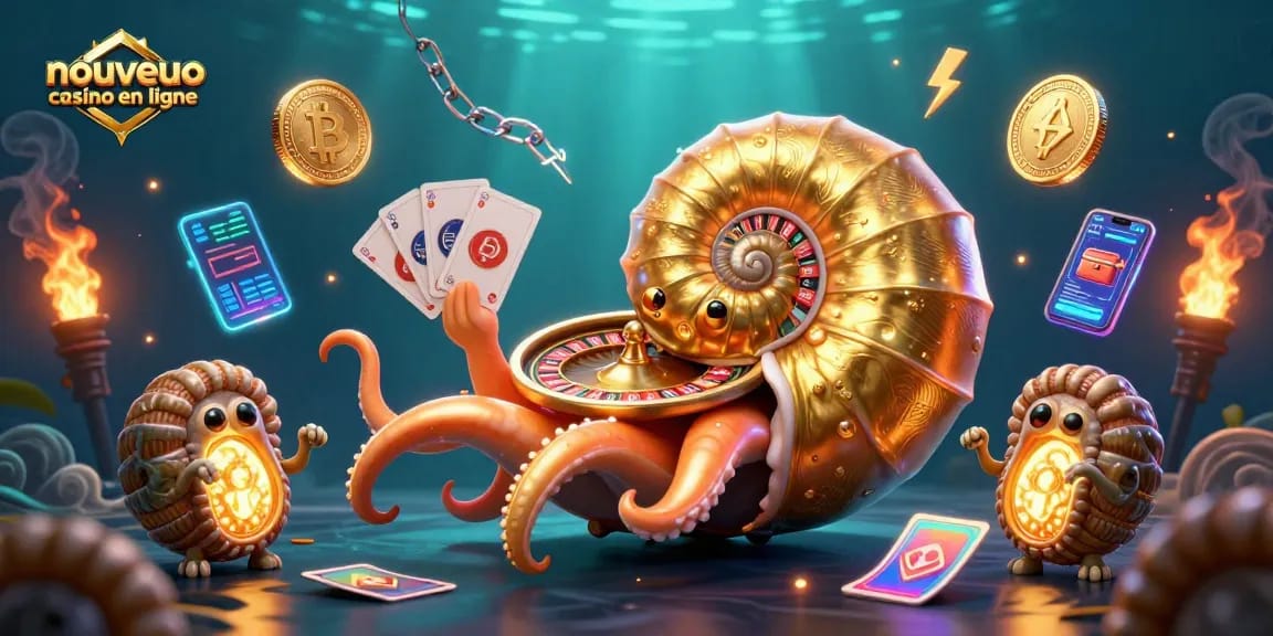 Jouer au nouveau casino en ligne avec un nautilus géant en 3D et des pièces de crypto-monnaies brillantes.