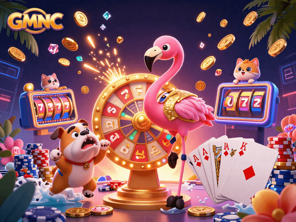 Spinning prizes and jumping contestants at GMNC casino event filled with vibrant colors and dynamic elements.