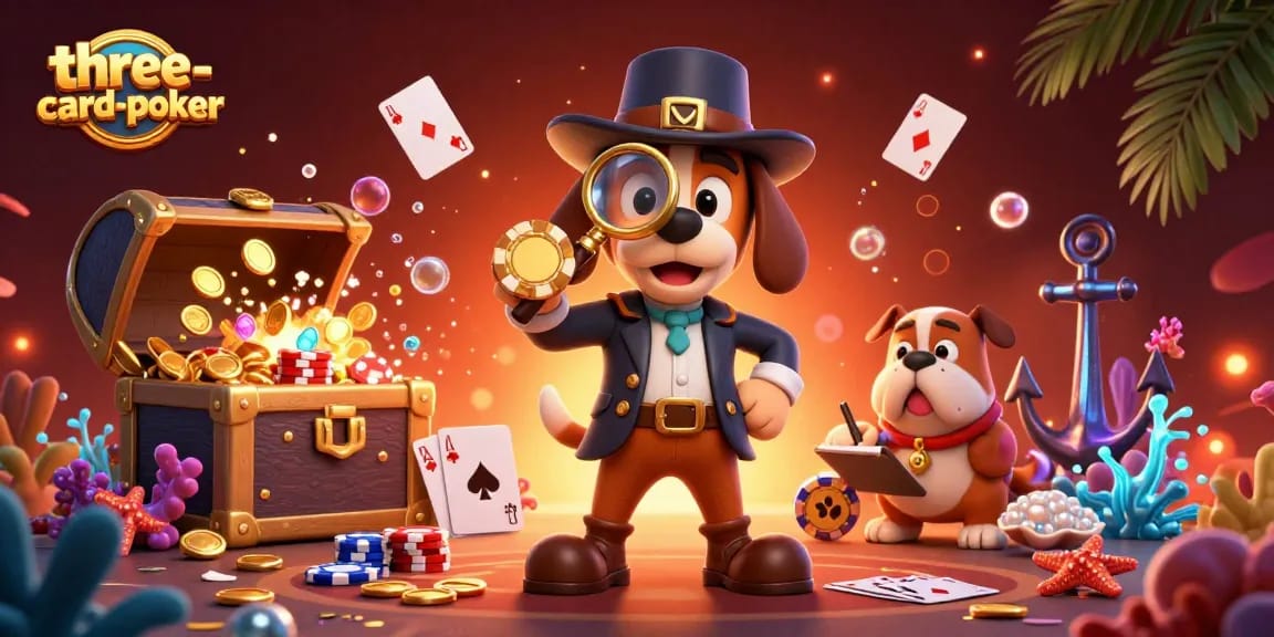 Engage in three-card-poker as a detective examines a poker chip clue with action-packed elements