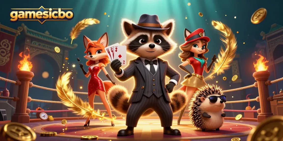 Experience gamesicbo excitement with a suave raccoon holding cards, vibrant casino elements, and dynamic energy.