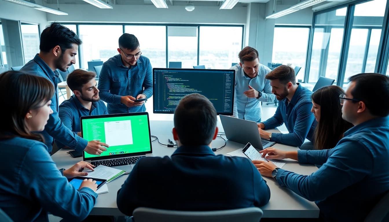 Showcase advanced Headless Shopify development teamwork in a modern office environment.