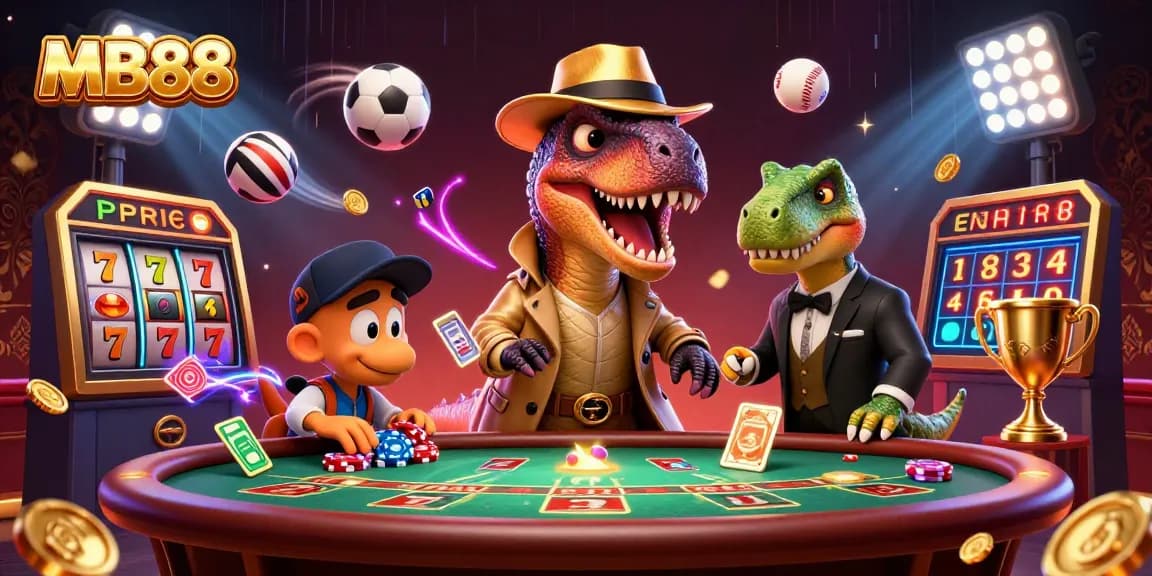 MB88 captivates with a thrilling scene of a velociraptor at a blackjack table filled with jackpot excitement.