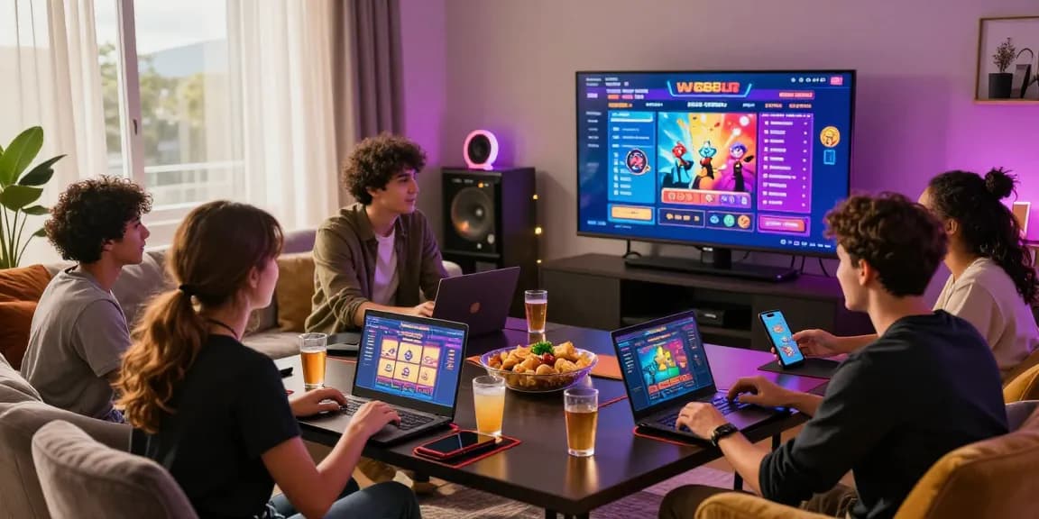 Friends enjoying we88 PGSLOT at home in a lively gaming atmosphere.