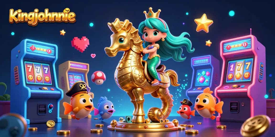 Experience the enchanting world of kingjohnnie with a mermaid riding a seahorse amidst colorful casino elements.