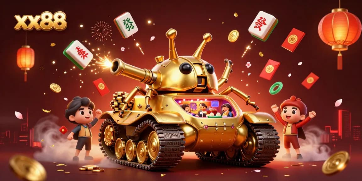 Experience the vibrant world of xx88 with a 3D cartoon illustration of a golden beetle tank casino filled with excitement.