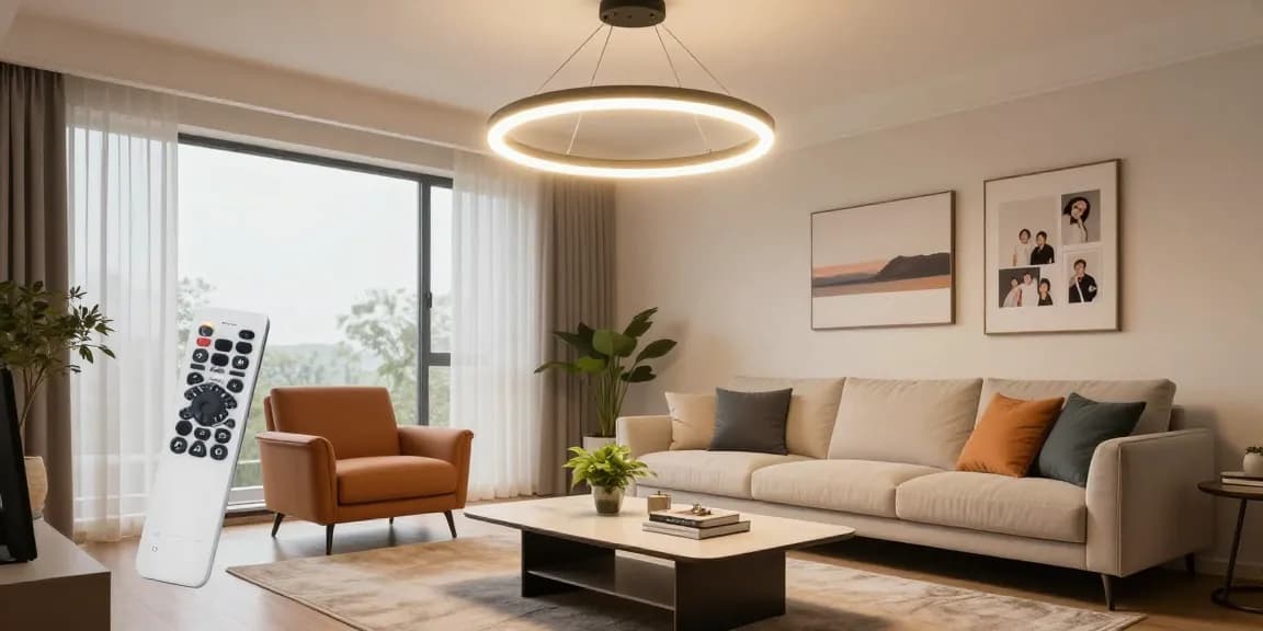 Lustra cu telecomanda eleganta in living modern, iluminat cald si decor confortabil.
