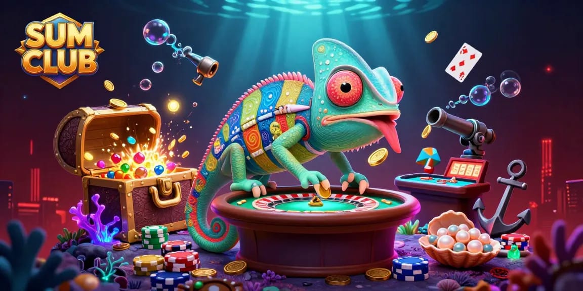Experience the thrilling world of SUM CLUB with dynamic casino elements and vibrant underwater treasures.