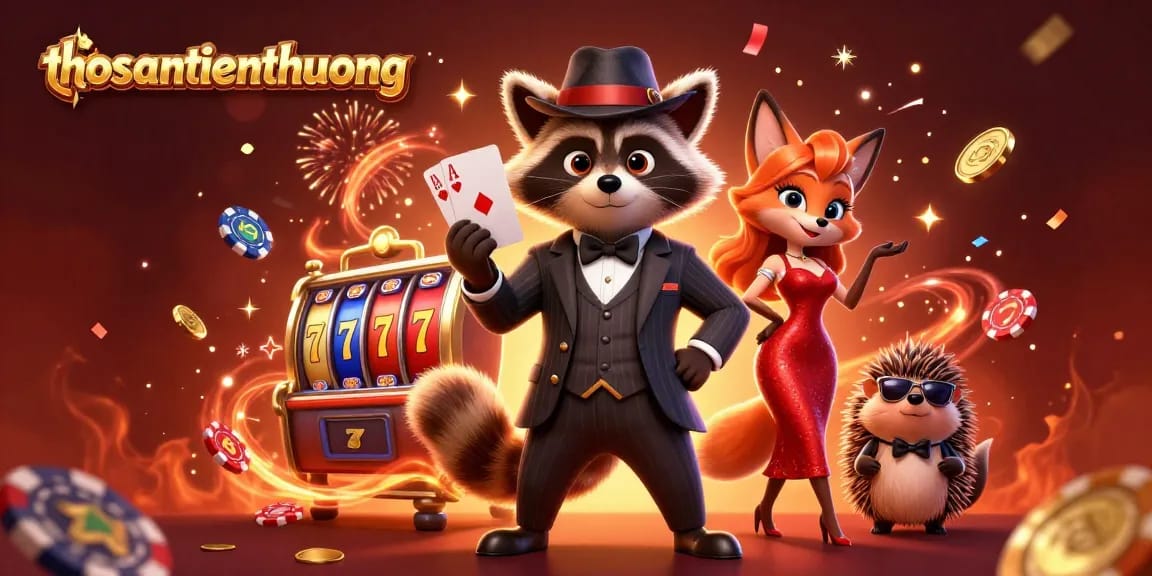 Win big with thosantienthuong in this lively 3D casino scene featuring raccoon and friends!