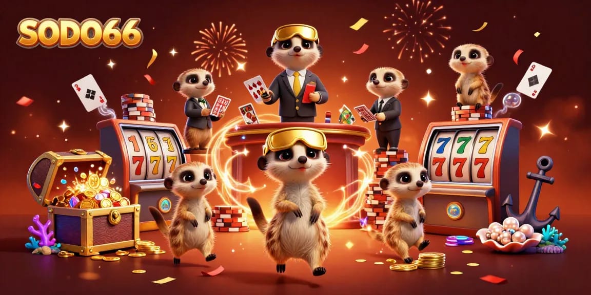 SODO66 meerkats engage in vibrant casino action, showcasing thrilling slot games and underwater treasures.
