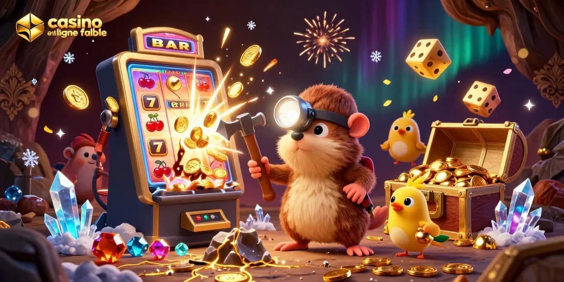 Jouez dans un casino en ligne fiable et découvrez des trésors avec un rat taupe et un canari dans cette illustration
