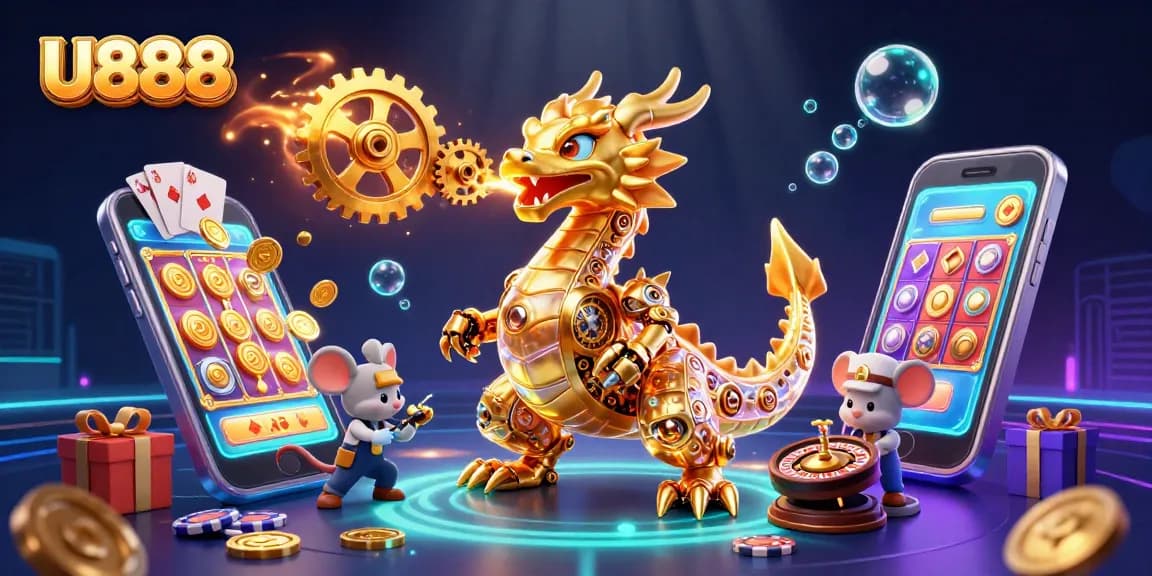 Experience U888's thrilling gaming with colorful slots, golden coins, and a magical dragon.