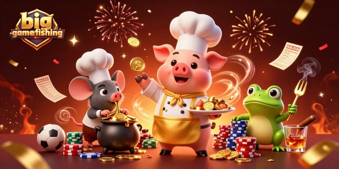 Engage in big-gamefishing excitement with a chef pig, gold coins, and sports betting action.