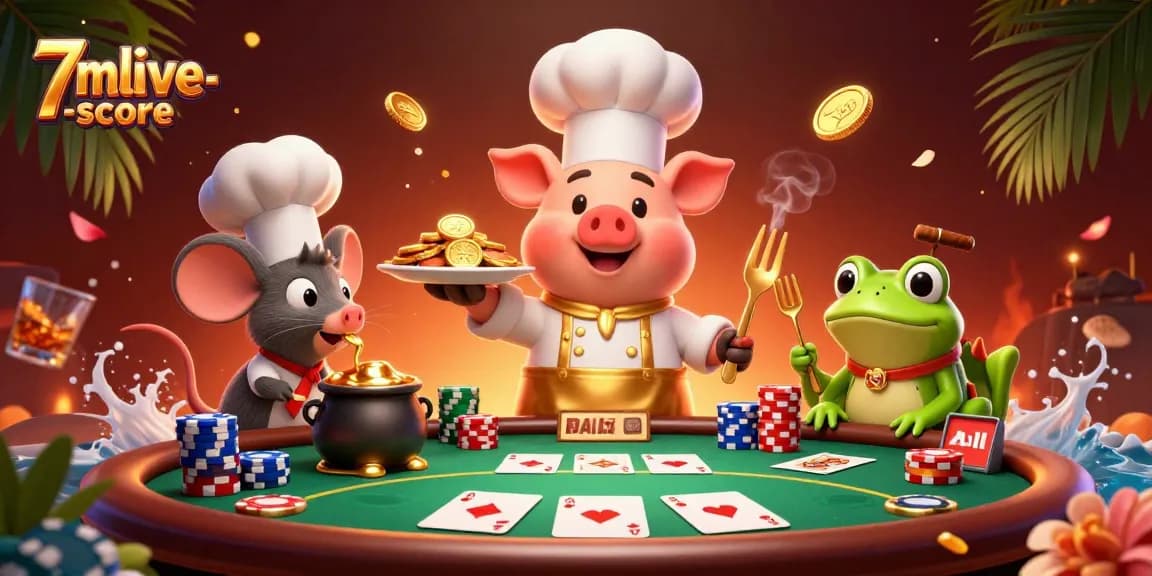 Experience the excitement of 7mlive-score with animated characters at a vibrant poker table.