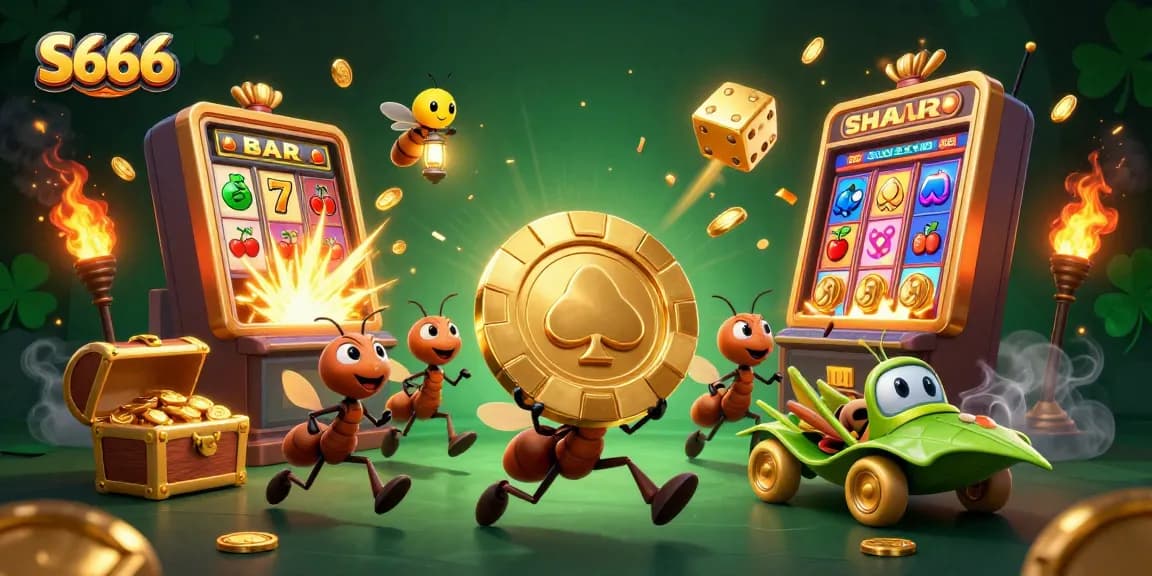 Experience thrilling S666 action with ants stealing giant poker chips in a vibrant casino setting.