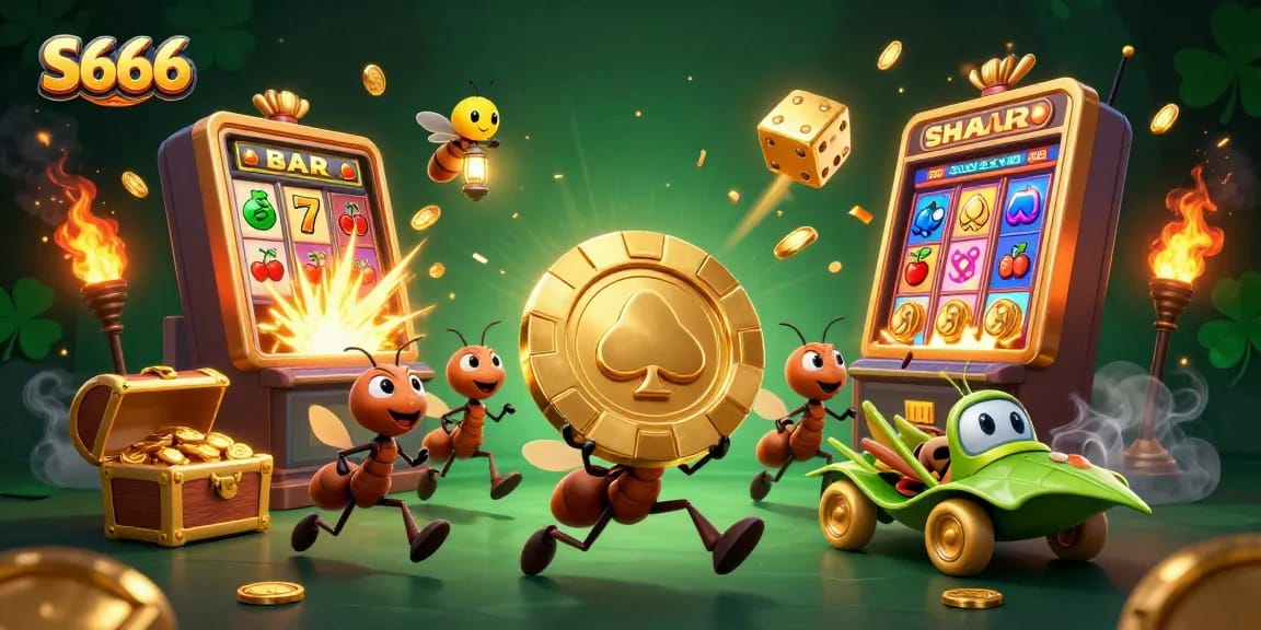 Experience thrilling S666 action with ants stealing giant poker chips in a vibrant casino setting.