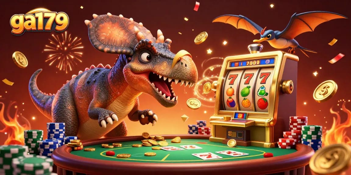 ga179 celebrates a jackpot win with animated dinosaurs in a colorful casino scene filled with excitement.
