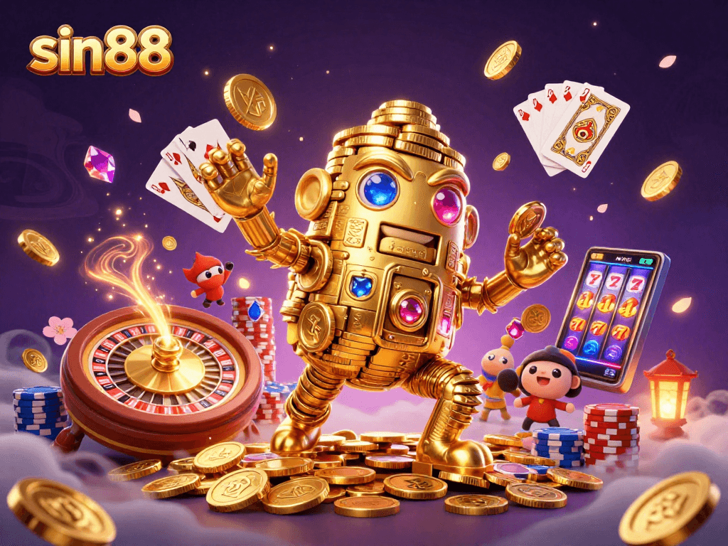 Experience thrilling gambling action at sin88 with a golden golem and vibrant casino elements.