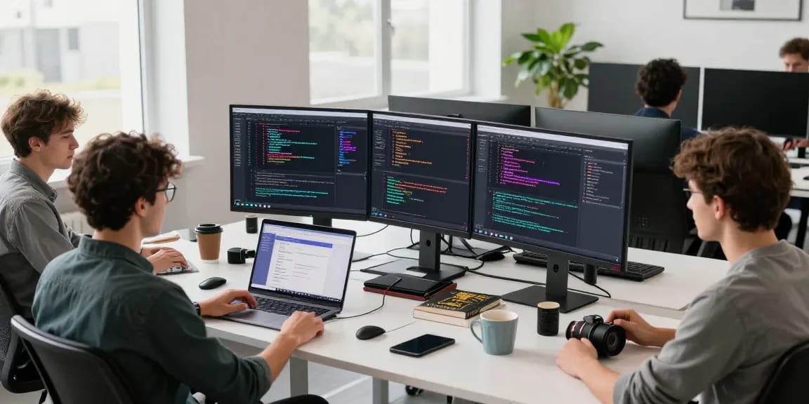 Developers collaborating on USDT0 cross-chain solutions in a modern tech workspace with coding displays