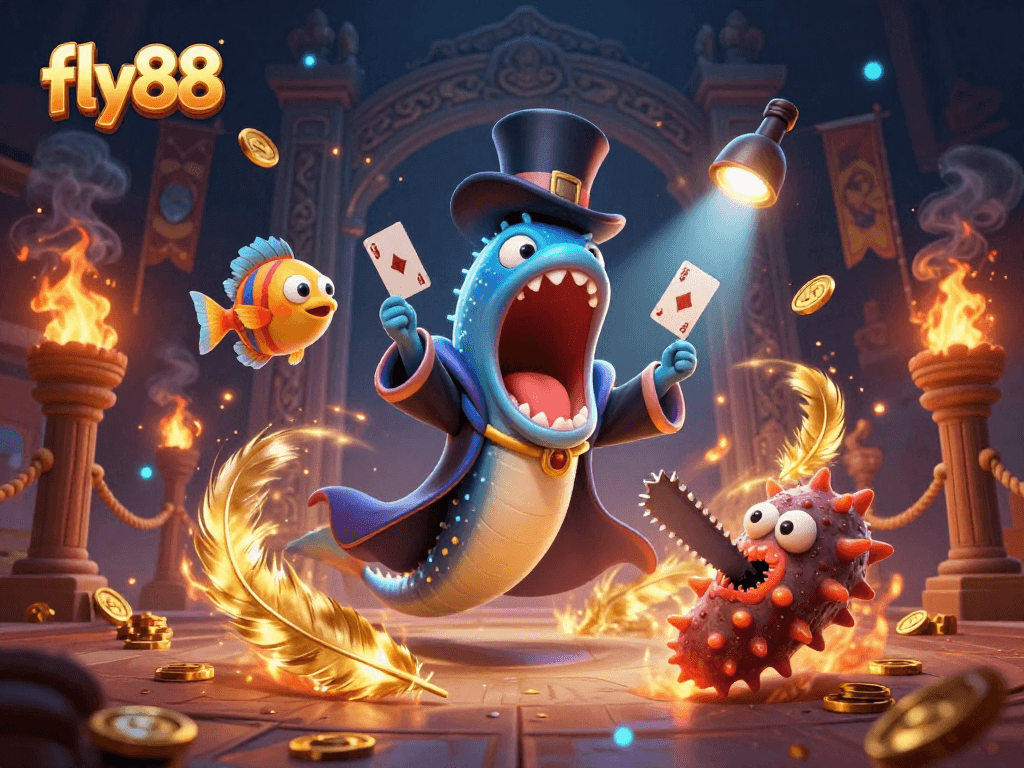 Experience the magic at fly88 with a bioluminescent eel performing card tricks amidst vibrant casino elements.