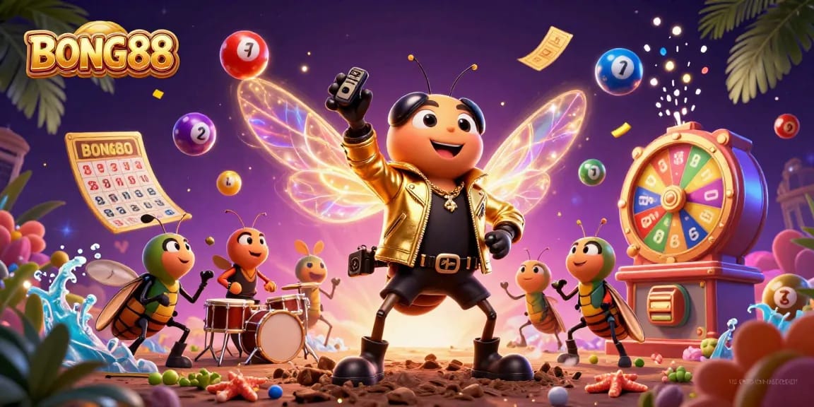BONG88 showcases a vibrant 3D casino scene with lottery elements and energetic characters.