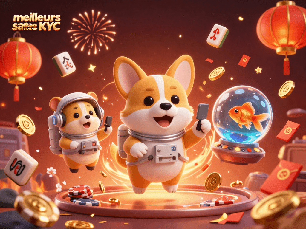 Découvrez les meilleurs casinos sans KYC avec une ambiance festive et dynamique illustrée en 3D.