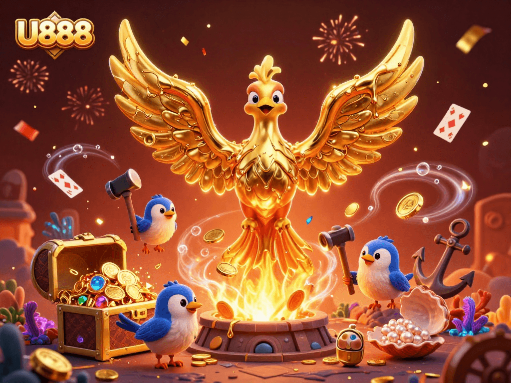 Experience U888's vibrant casino world, featuring a molten gold phoenix and treasure galore.