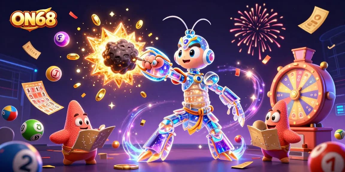 Experience the thrilling world of ON68 with dynamic lottery balls and galactic characters while winning big.