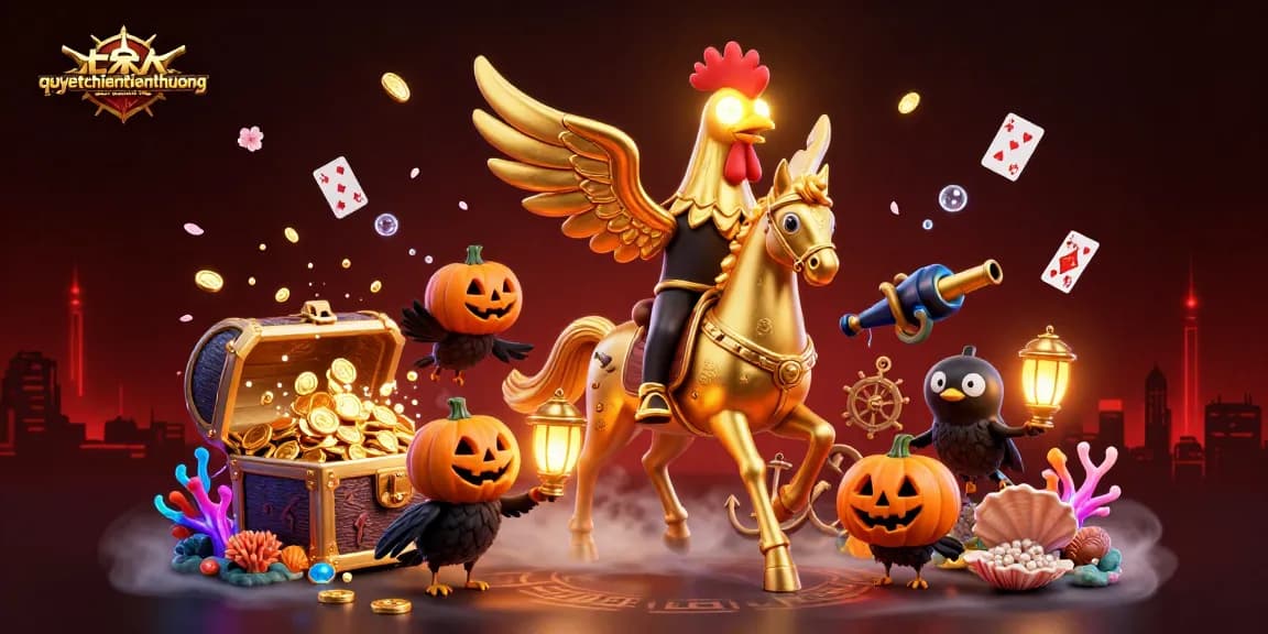 Experience the excitement of quyetchientienthuong with a golden rooster headless horseman in a vivid casino scene.