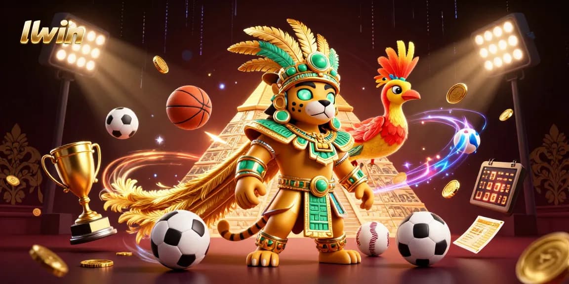 Engage in dynamic gaming at llwin with 3D illustration of a Mayan jaguar priest, sports elements, and vibrant action.