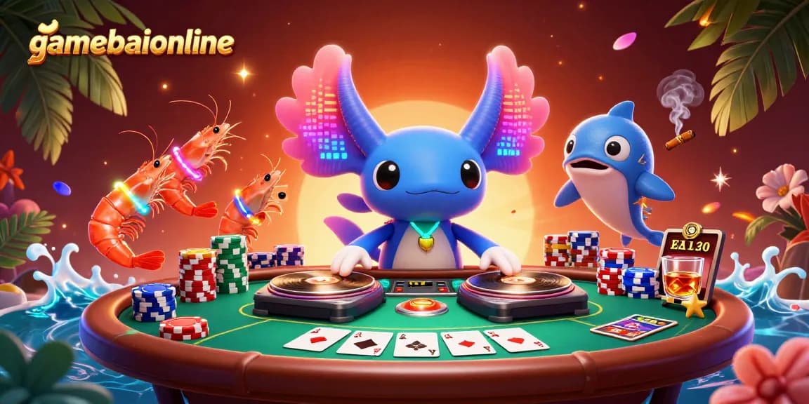 Gamebaiionline showcases a vibrant underwater casino scene with colorful characters and poker elements.