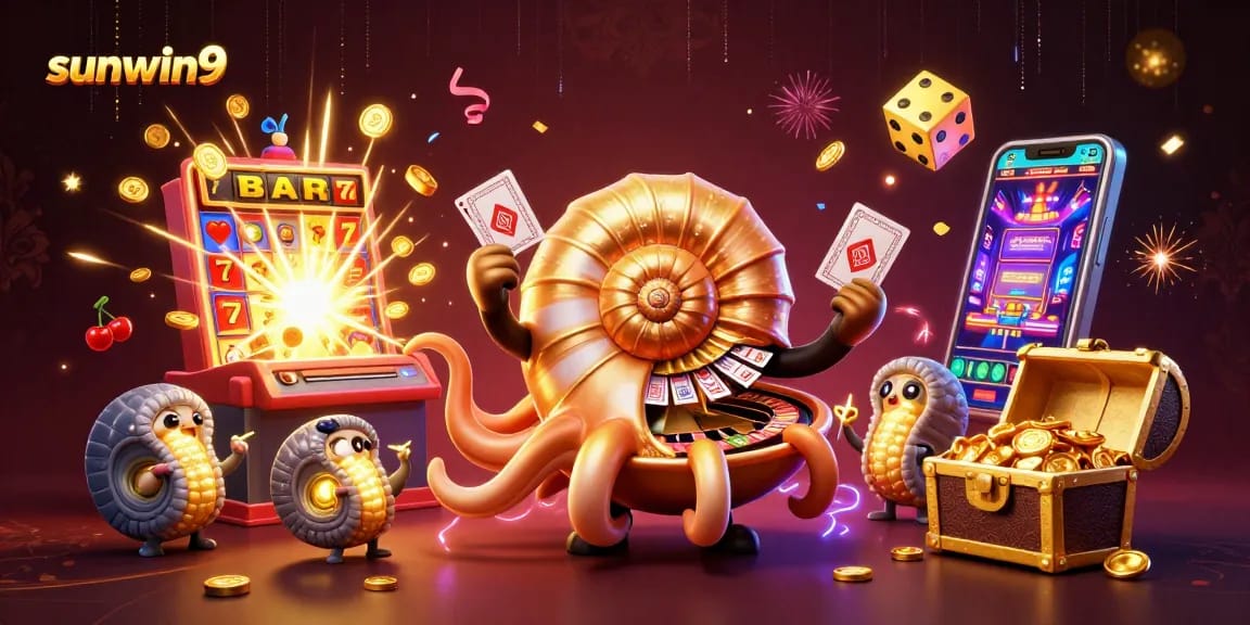 Experience the thrill of sunwin9 with a vibrant 3D casino scene featuring a nautilus roulette wheel.