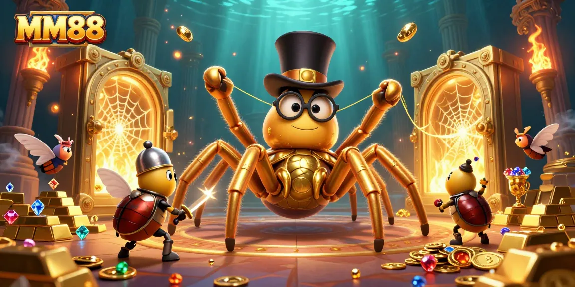 Engage with immersive gaming experiences at MM88 featuring gold and gems in a whimsical casino scene.