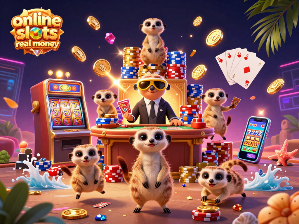Experience the thrill of online slots real money with lively meerkats managing their casino, surrounded by vibrant gaming elements.