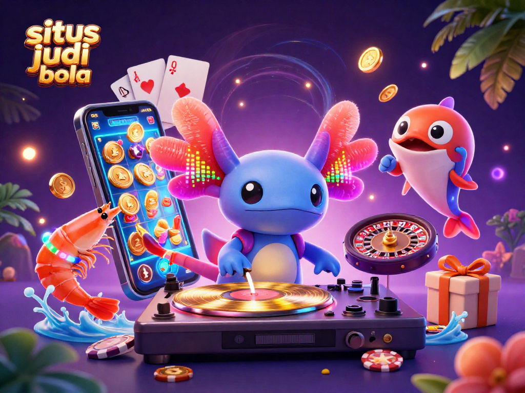 Engage with situs judi bola through vibrant 3D illustration of a lively casino scene with dynamic characters and gaming elements.