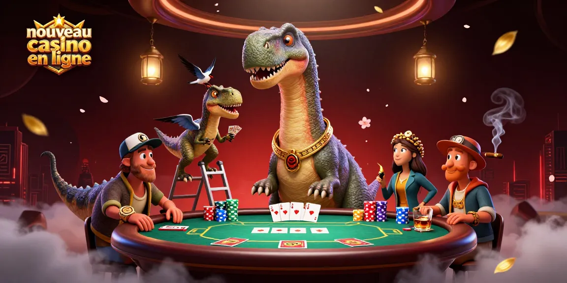 Illustration d'un brontosaure dans un nouveau casino en ligne, distribuant des cartes au poker.
